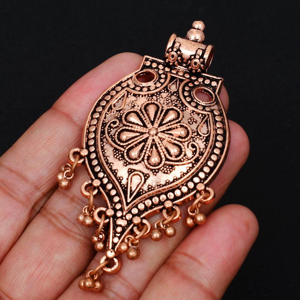 Boho Chic Oxidized Copper Teardrop Pendant Ethnic Floral Carved Charm with Tassel Beads Gypsy Style Jewelry Gift for Her