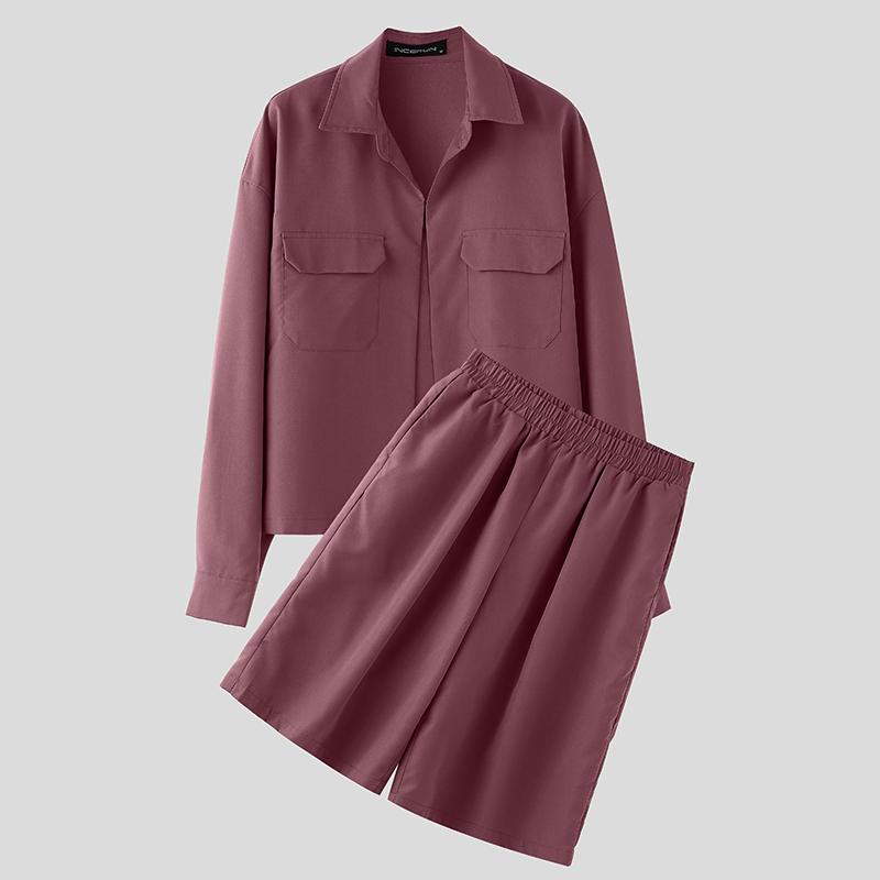 

INCERUN костюм из двух частей для мужчин с воротником-лацканами и длинным рукавом, рубашки и брюки, комплекты одежды 3XL камео розовый