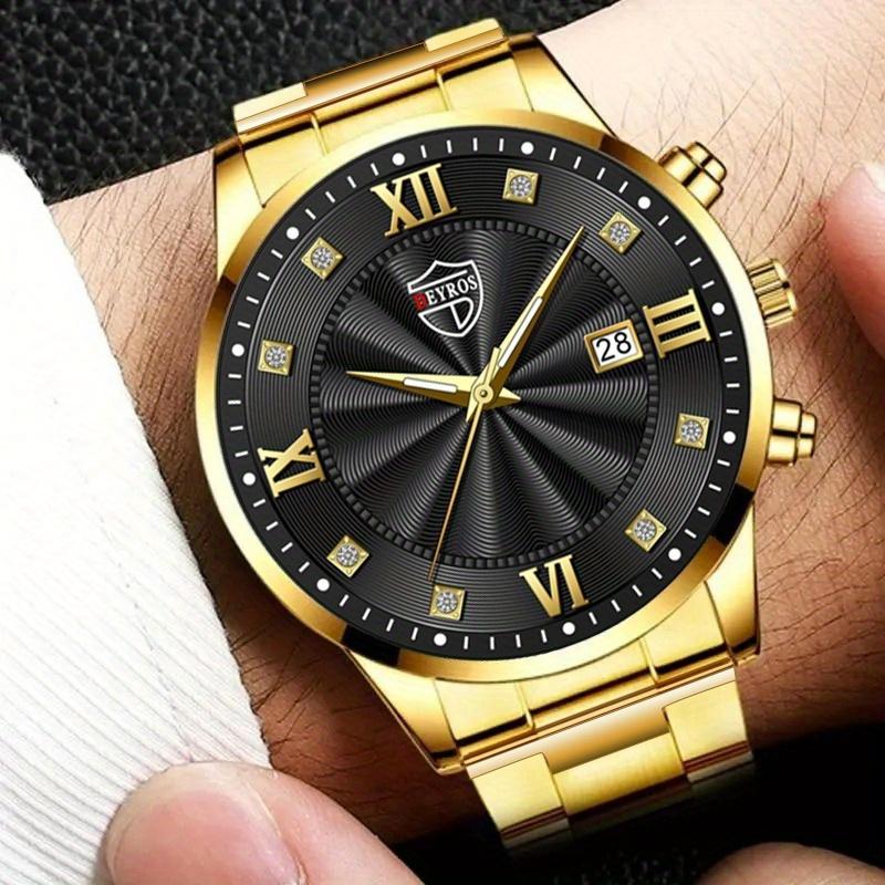 2pcs/set Fashion Calendar Quartz Watch, Luxury Business Stainless Steel Wrist Watch, Ideal Choice for Gifts
