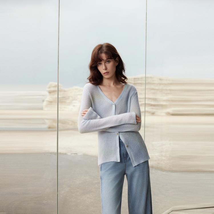 Elle V-Neck French Lazy Style Gradient Mohair Long Sleeve Knit Sweater Women sweater EZ52376