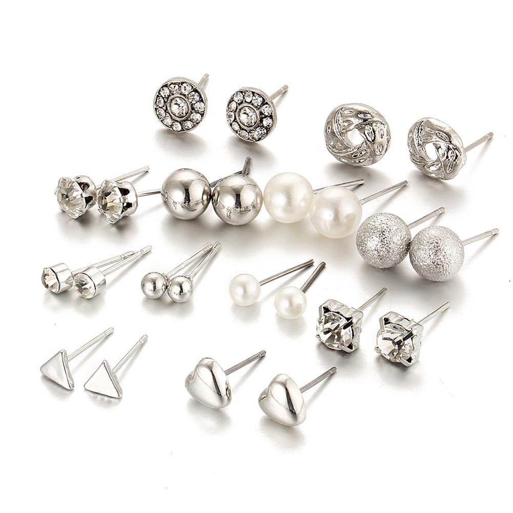 12 Pairs Women Round Crystal Love Shape Ear Stud Earrings Set