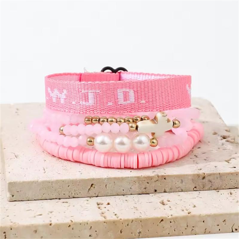 and cross imitation pearl 5-piece for women beaded fashionable set Pink bracelet WWJD bracelet set Jewelry