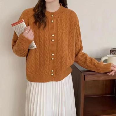 Autumn Retro Preppy Style Women's Buttoned Cable-Knit Top Loose Short Knit Cardigan Sweater Jacket