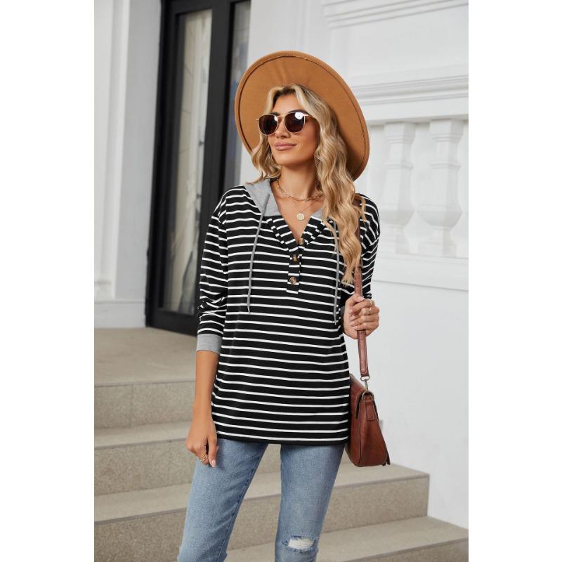 Autumn Women's Striped Clashing Colour Splicing Hooded Long Sleeve Loose Sweatshirt