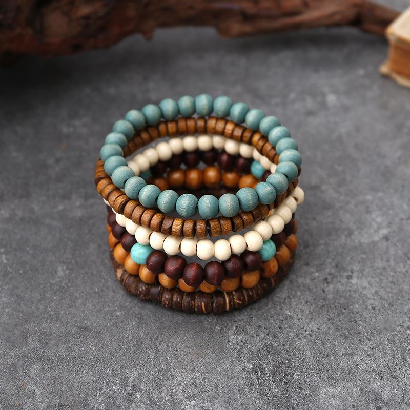 Ensemble de Bracelets Bohèmes Faits à la Main en Coque de Coco et Perles en Bois: Unisexe, Mode Rétro, Collection 5 Pièces