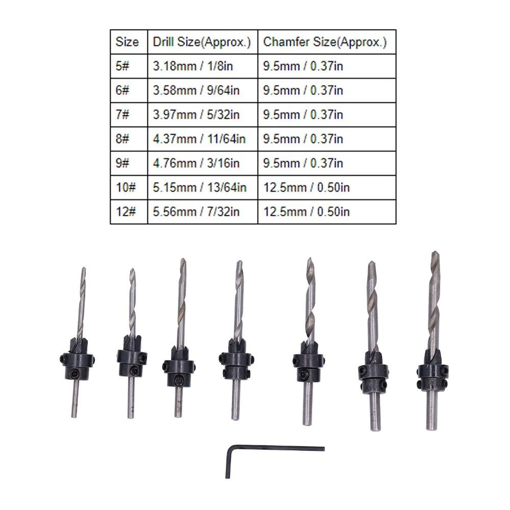 Hex Wrench Tapered Countersink Bit Set Adjustable Collars Wood Pilot Hole Set Woodworking