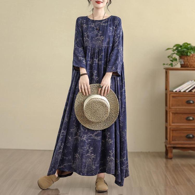 Vintage Floral Print Plus Size Women Long Sleeve Oversize Maxi Dress Loose Casual Spring Long Dress Basic