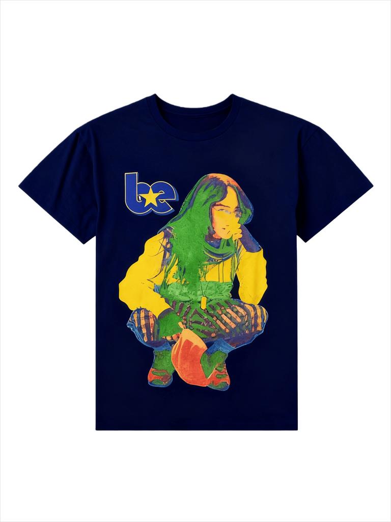 Billie Eilish Color Crouching Portrait Printed Casual Fashion Summer Tshirt for Unisex and Women Loose Oversized Cotton Tshirt