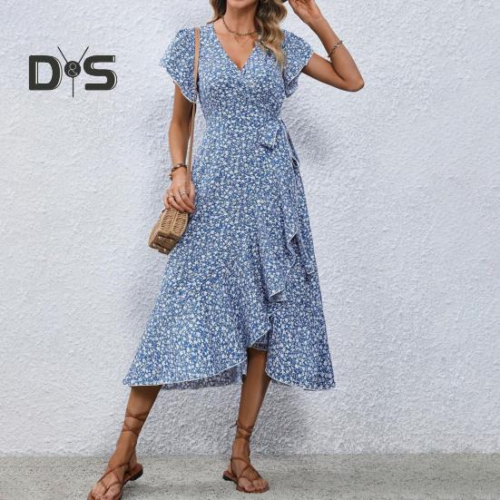 Summer Floral Maxi Dress for Women V Neck Short Sleeve Ruffle Hem Wrap Dress Boho Casual Split Flowy Beach Long Dress