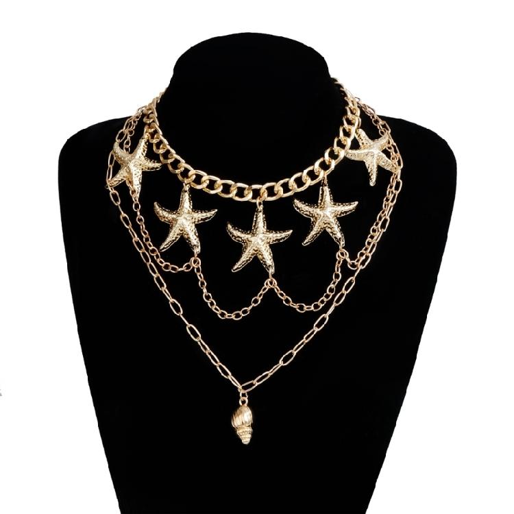 1 Set Adjustable Layering Necklace Starfish Conch Pendant Lightweight Clavicle Chain For Beach Party Summer Jewelry Gift
