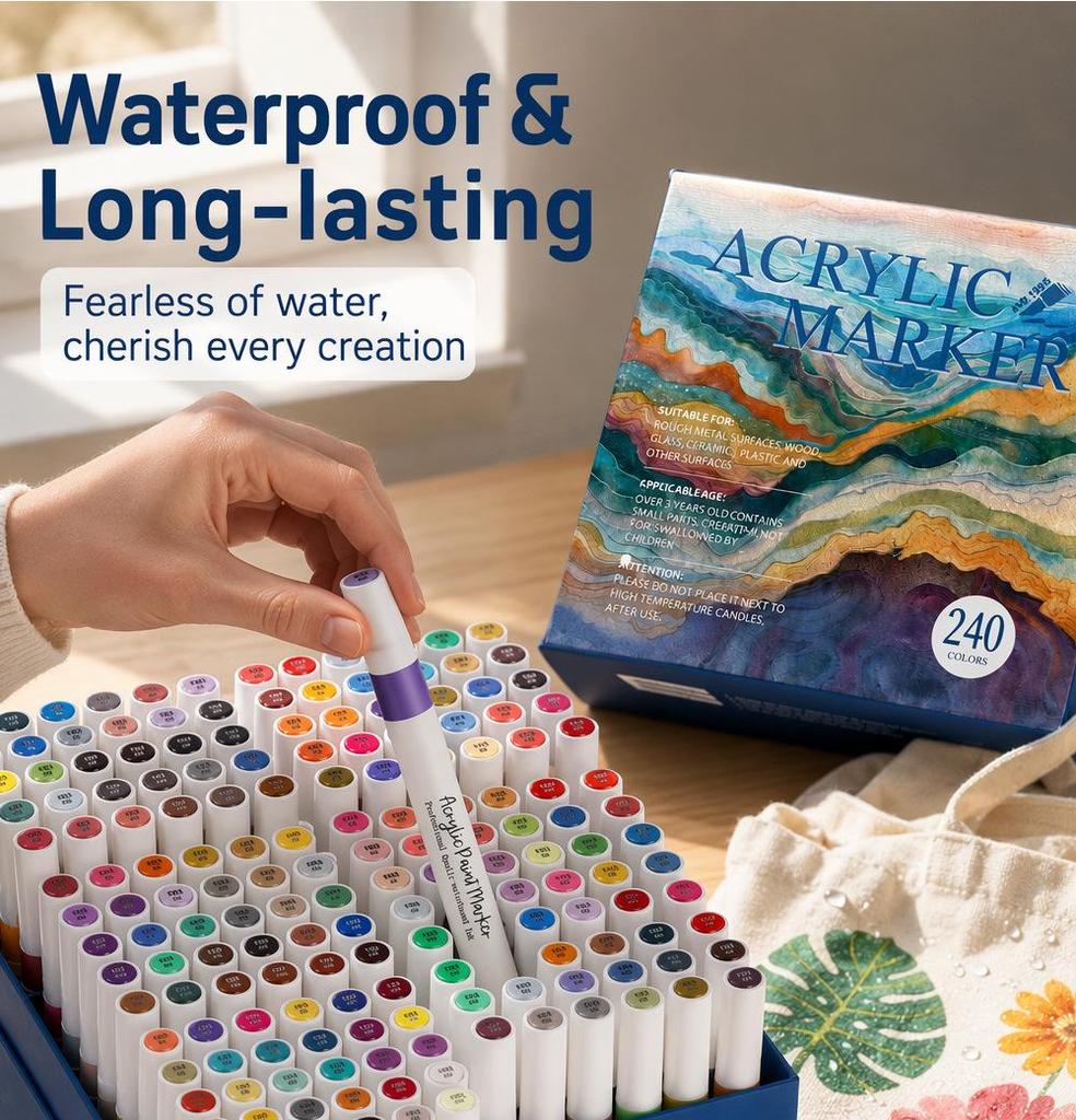 240-Color Multi-Material Marker Set with Storage Box - High-Pigment Acrylic & Oil-Based Graffiti Pens
