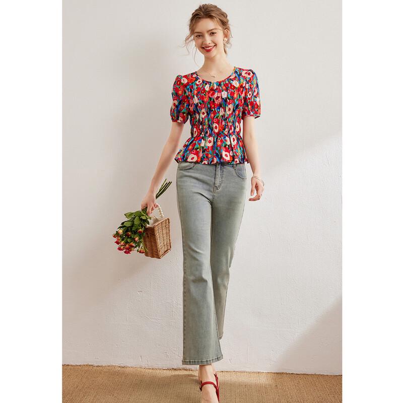 Bailuyu Elegant Floral Print Puff Sleeve Shirt