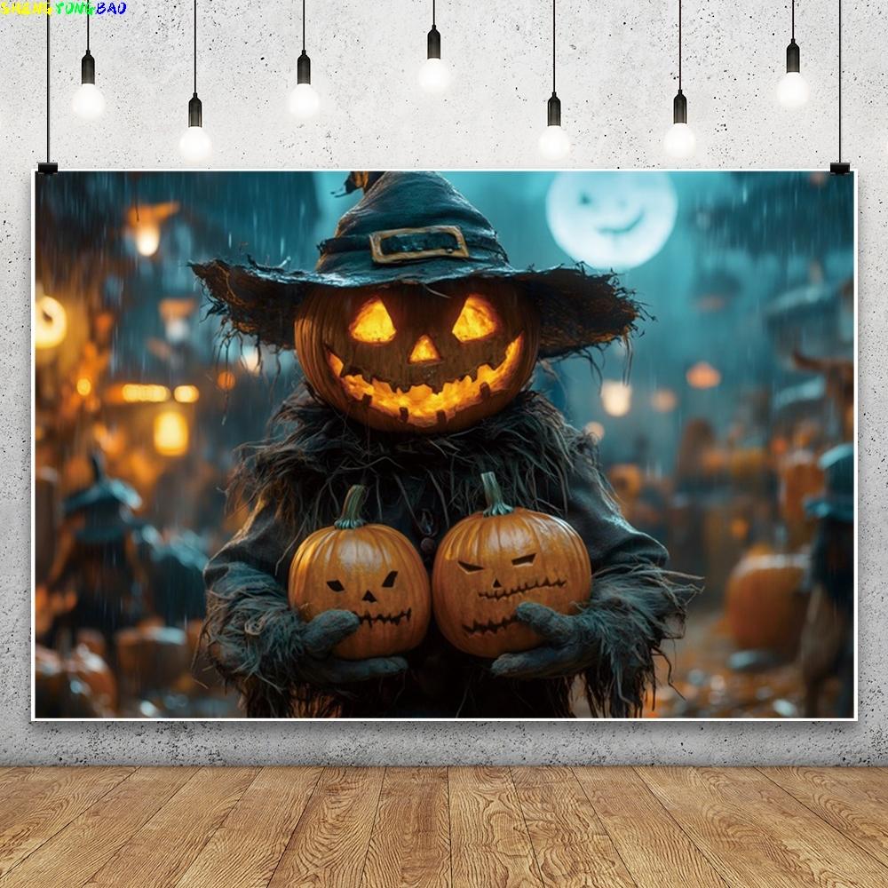 Horror Halloween Photography Background Terrifying Full Moon Night Pumpkin Lamps Scarecrow Halloween Party Decor Photo Backdrop