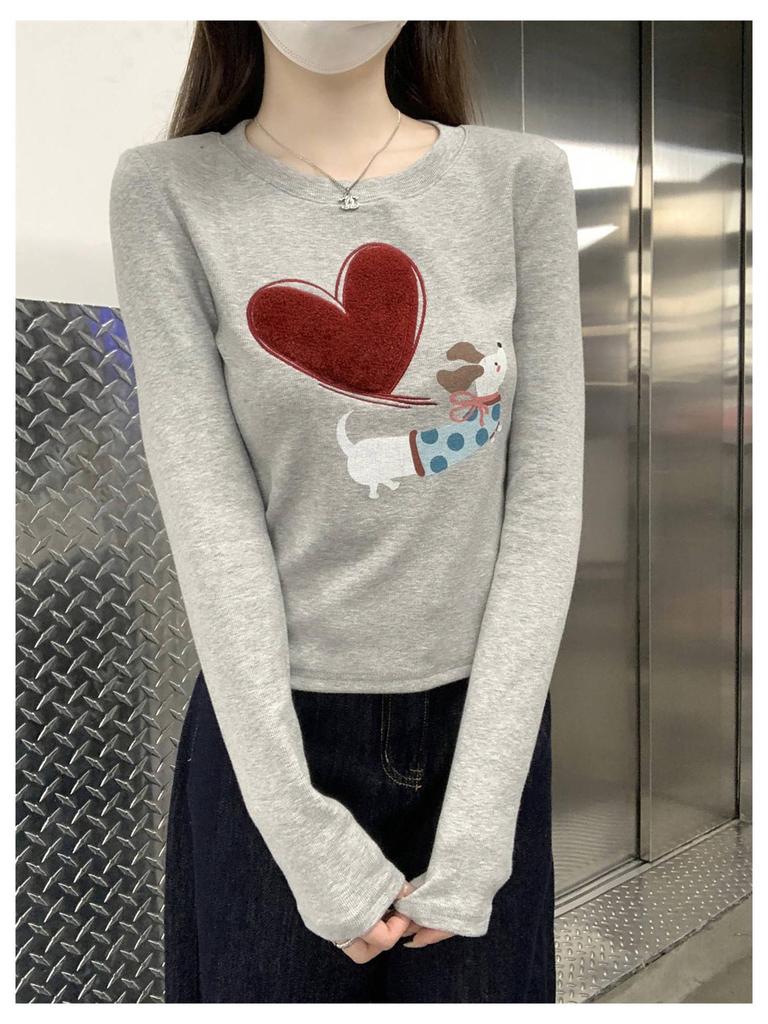 Korean Style Age-Defying Puppy Print Brushed Long-Sleeve Women's Top for Autumn/Winter