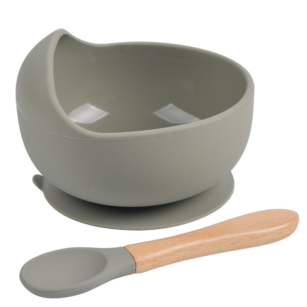 Silicone Baby Bowl & Spoon Set with Wooden Handle and Suction Cup