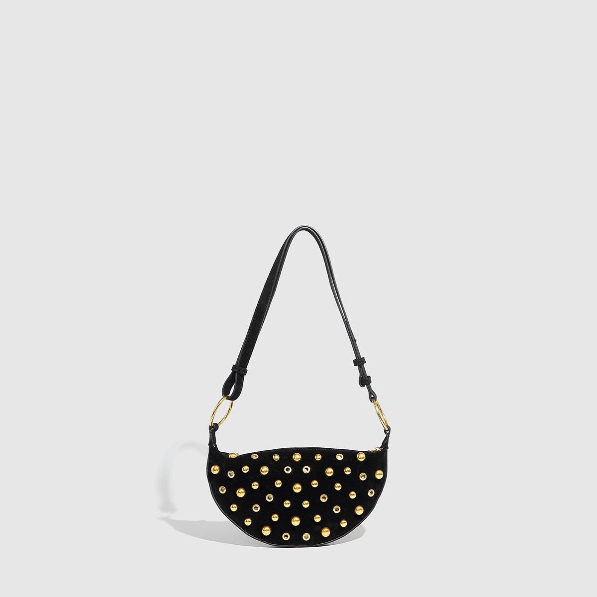 Designer Studded Shoulder  Rivet Crescent Bag 2026 New Women s Metal Underarm  High-end Retro Rivet Polka Dot Shoulder Bag чёрный
