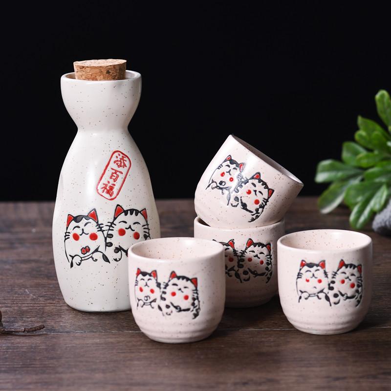 1 Set Japanese Style Sake Wineware Porcelain Underglaze Color Hand-painted Wine Dispenser Ceramic Flagon Liquor Spirits Cups Set