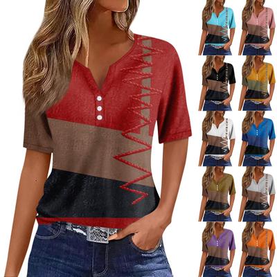 Women's Fashion Casual Vintage Printed V-Neck Short Sleeve Decorative Button T-Shirt Top