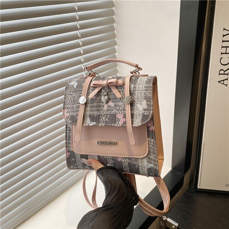 Sweet Splicing Print Design Bow And Lace Decoration Women Casual Shoulder Bags