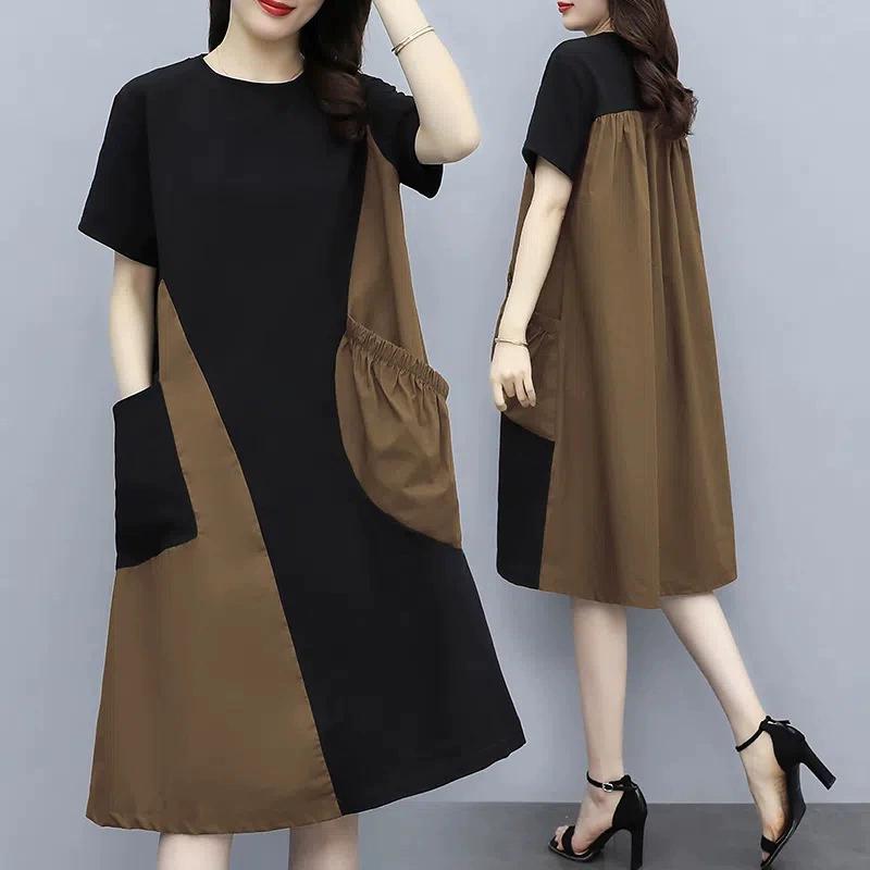 Women's Spring and Summer Loose Thin Section Round Neck Mid Length Loose Thin Cover Belly Splicing Dresses