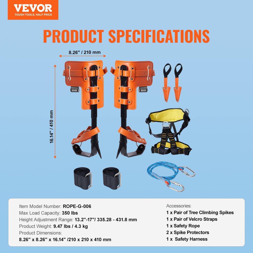 VEVOR Tree Climbing Spikes Set, 1 Pair Alloy Steel Climbing Spurs with Safety Rope and Safety Harness, 350lbs Load Capacity Tree Climbing Gear