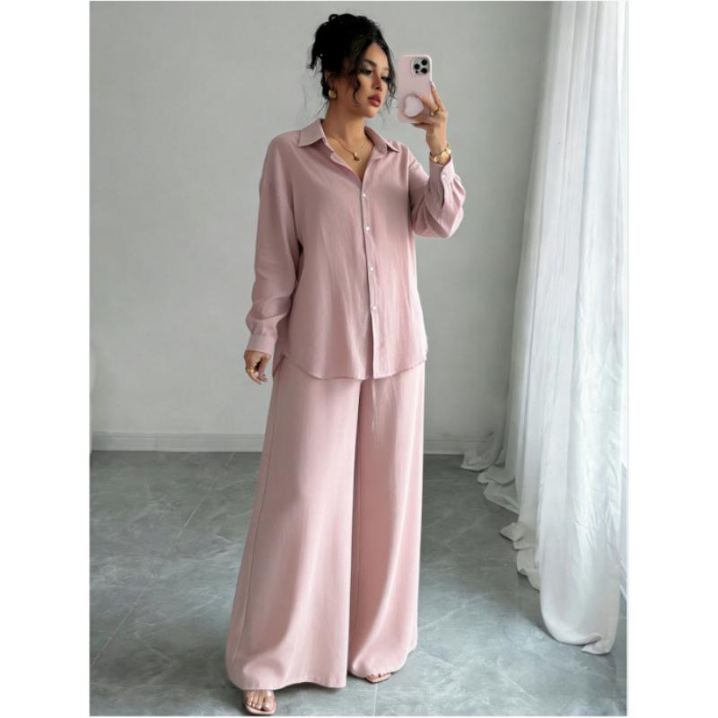 Spring Fashion Plus-Size Women's Two-Piece Set: Linen-Style Shirt & High-Waisted Loose Pants