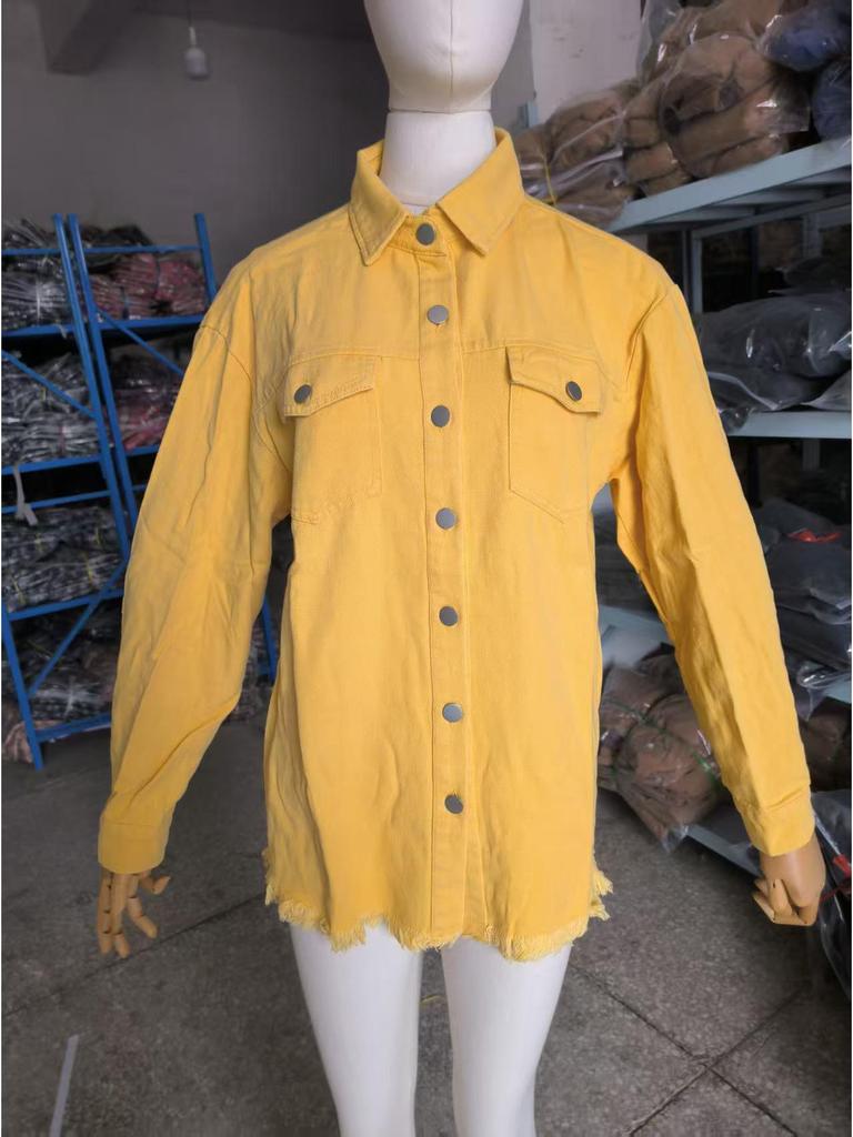 Women's Frayed Hem Denim Shirt Jacket - European & American Street Style for Autumn/Winter.
