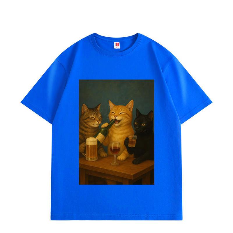 Funny Drinking Cat Meme Graphic T-shirts High Street Fashion Trend Short Sleeve T Shirts Men Women Casual Loose T-shirt