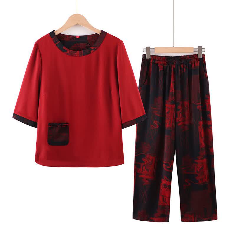 Women's 7-Sleeve Stand-up Collar Shirt Set