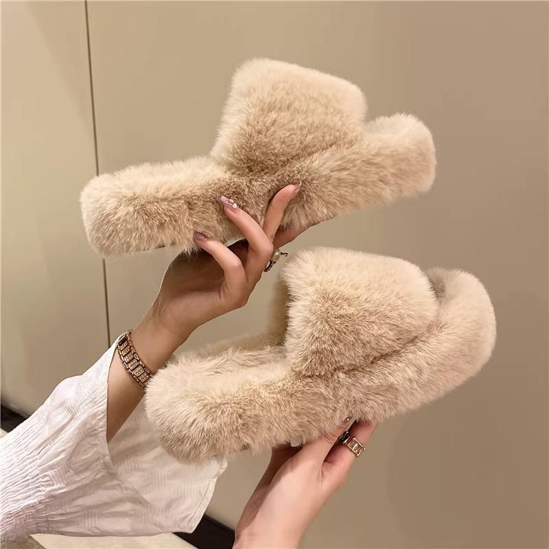 Height-increasing thick-soled fluffy slippers women's autumn and winter outer wear fluffy shoes one-word ins home home plush drag spring and summer