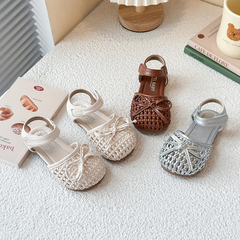 Kids Half Sandals Weave Trendy Girls Princess Shoes Soild Color Versatile 2025 Summer Children Beach Shoes Soft Sole Simple Bow