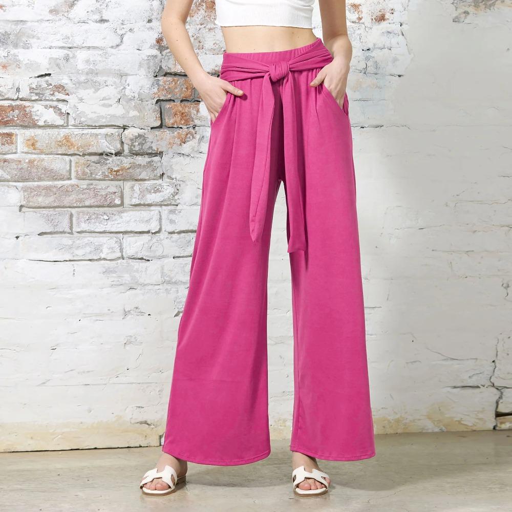 Women's Elastic High Waist Self Tie Belt Solid Color Wide Leg Long Pants Soft Casual Loose Trousers For Summer Daily Yoga Wear