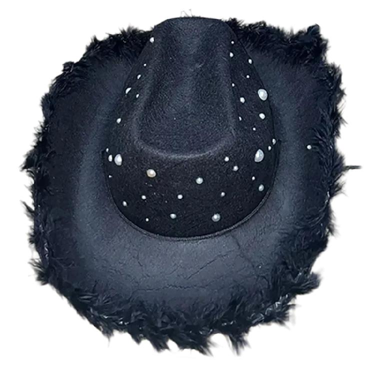 

Rhinestones Studded Western Hat with Furry Trim Women Men Music Festival Dressingup Fedoras Hat Bachelorettes Party Props
