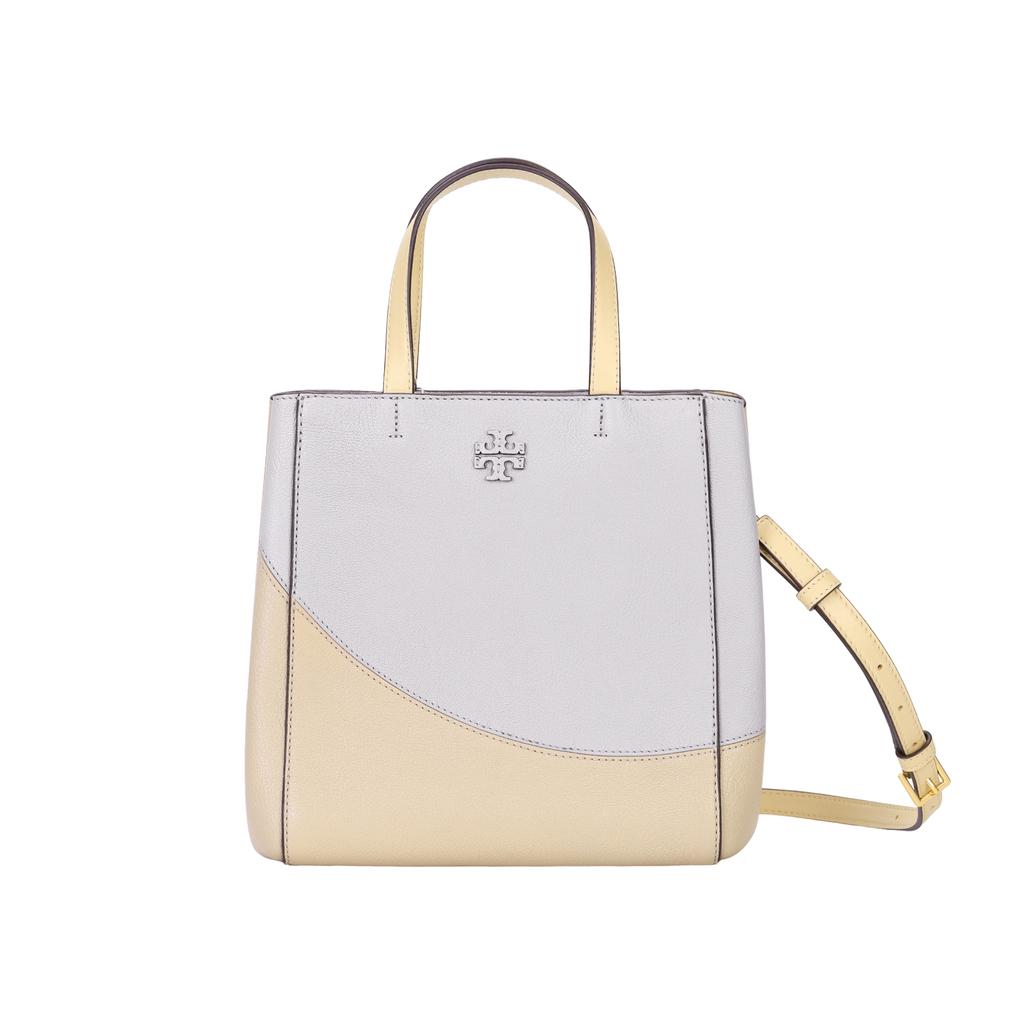Tory Burch Mcgram Logo Color Block Lambskin Leather Shoulder Tote Bag Medium Women Handbags Gulf-Gray Multicolor 152222-029