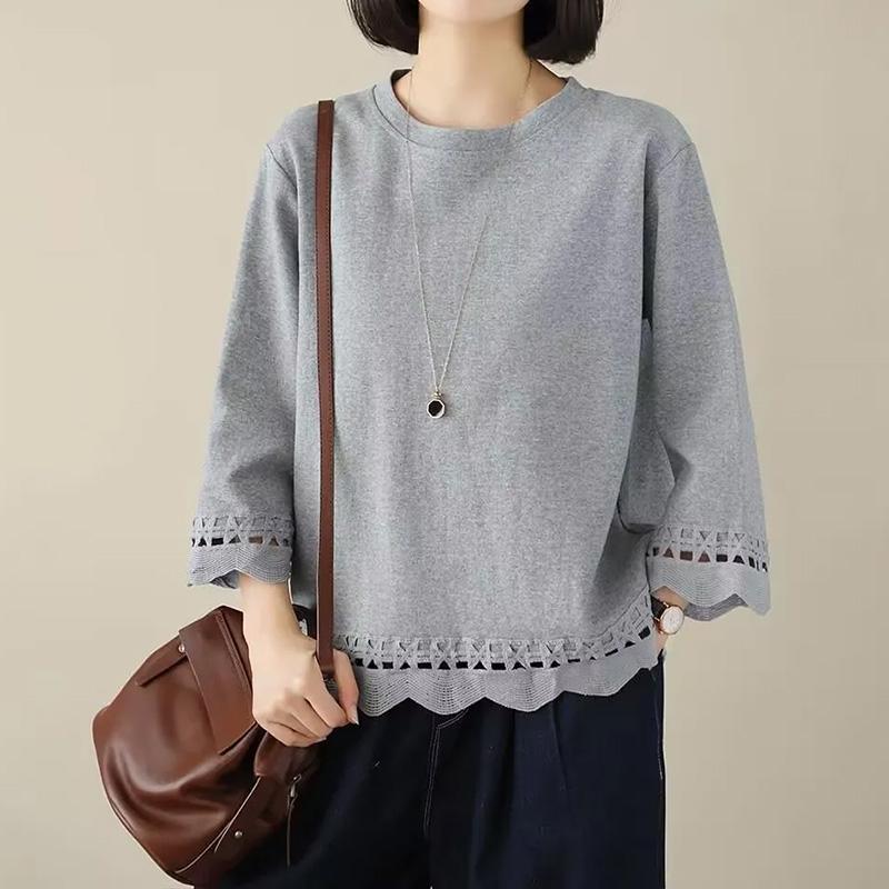 Pullovers Women Three-quarter Sleeves Autumn Winter Cotton Blouse Oversized Comfortable Stretch Solid Color Round Neck Loose Tops