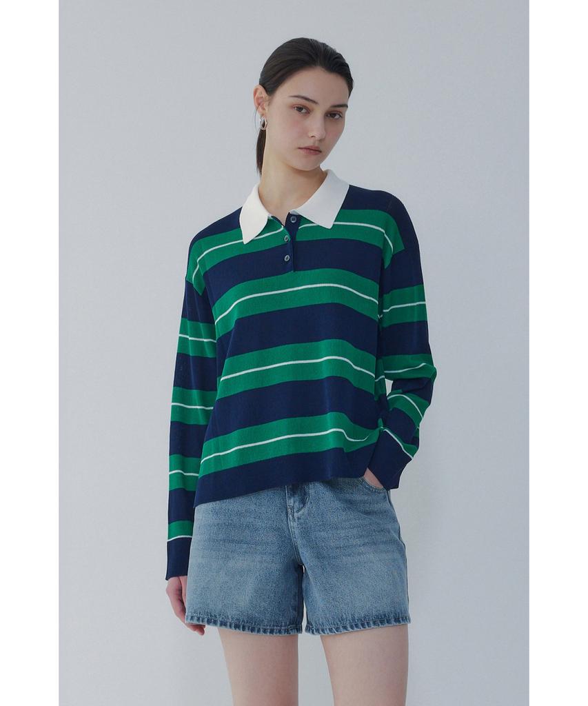 Bobeu Stripe Pattern Collared Pullover_Green 7156250001