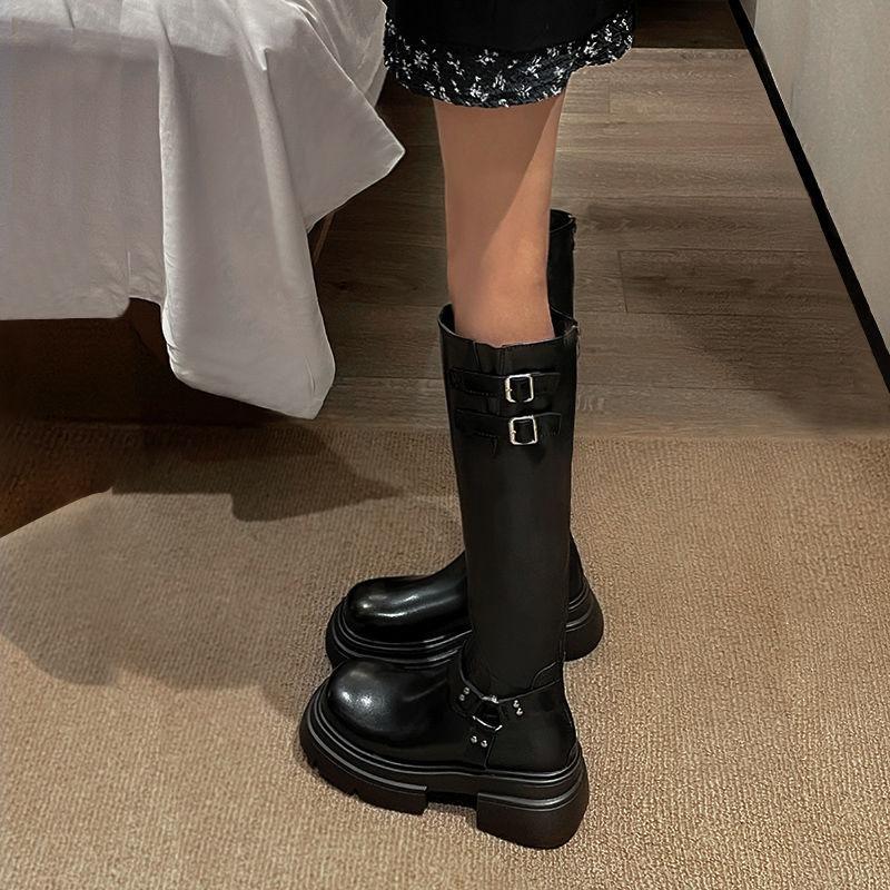 Black Square Heel Motorcycle Boots Retro Brown Belt Buckle Round Head Women's Boots Platform Rear Zipper Non-slip Women Shoes