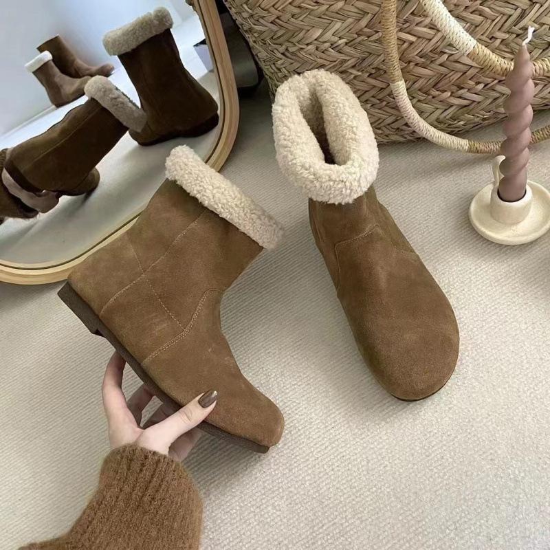 Two-wear leather snow boots women's winter new retro lamb wool short boots velvet cotton shoes