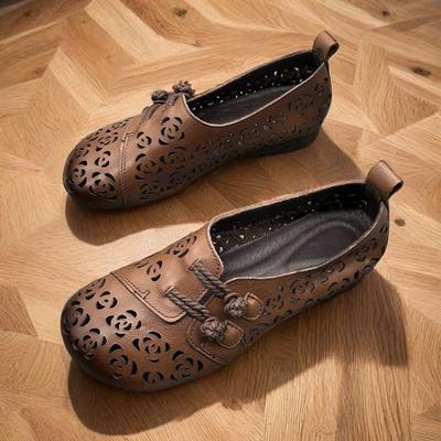 Spring and Summer New Soft Leather Sandals Handmade Retro Hollow Breathable Beef Tendon Sole Non-slip Hole Shoes Flat Mother Sandals