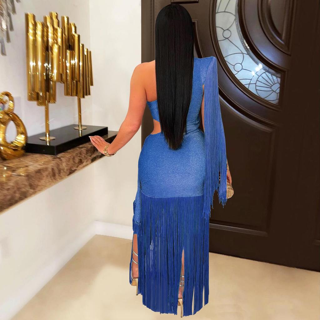 C7428 European and American Women's Fashion One-Shoulder Tassel Long Dress