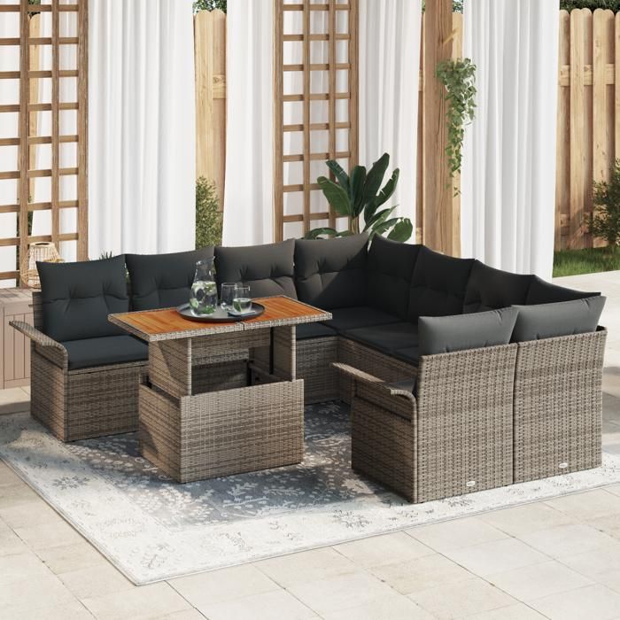 VidaXL Ensemble de canapé de jardin 9 pièces avec coussins gris en polyrotin et acacia 3349313