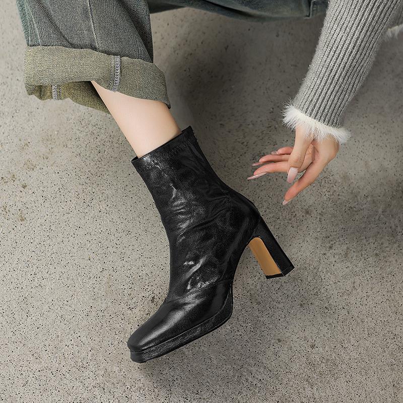 Krazing Pot Sheepskin Winter Square Thick High Heels Chelsea Boots Women Zipper Platform Ankle Boots