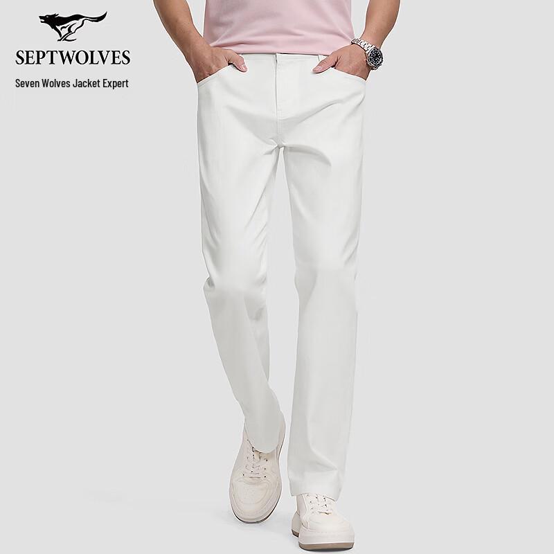 Septwolves Men s Wear-resistant Elastic White Washed Straight-Leg Denim Pants 34A