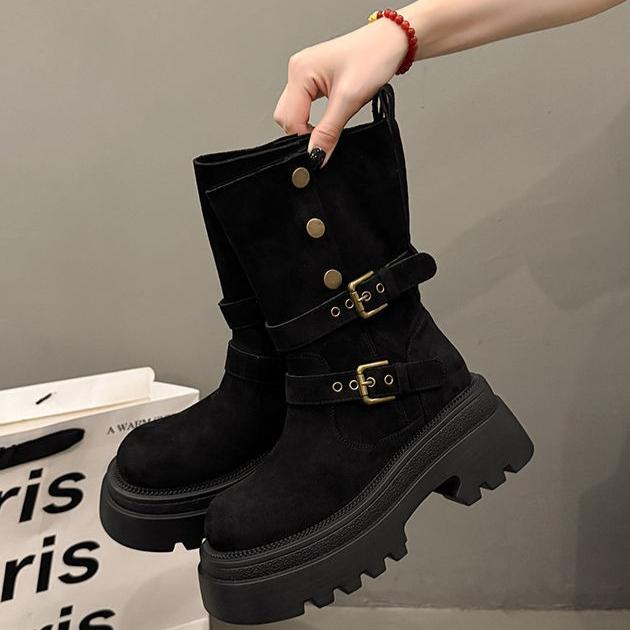 

Women s Thick Heel Mid-Calf Boots for Autumn Height Increasing and Slimming Retro Women s Boots Fashion Belt Buckle Cowboy Boots 40