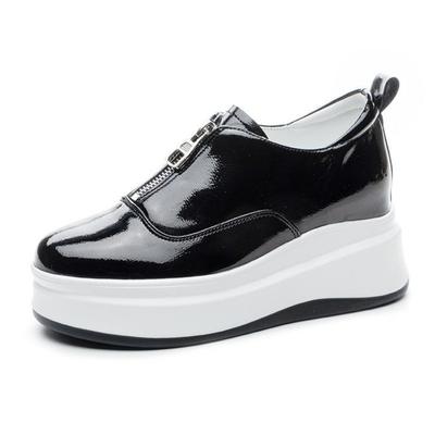 Mode 7,5CM Damen Freizeitsneakers Lackleder Plateauschuhe Damen Keilabsatz Sportmode Schwarz Klobig Reißverschluss vorne Vulkanisierte Schuhe