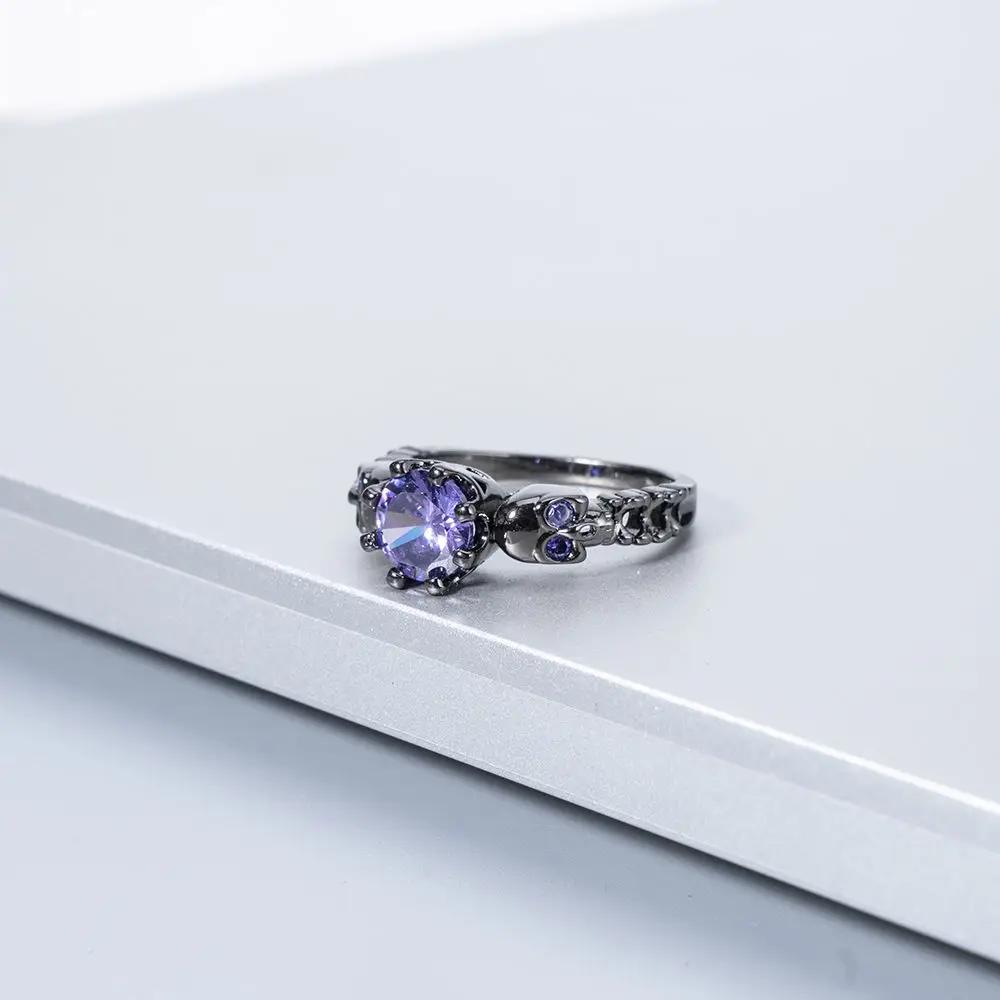Hot Sale Western Fashion Black Skull Ring Personality Gothic Delicate Purple Zircon Copper Ring for Punk Women Statement Jewelry