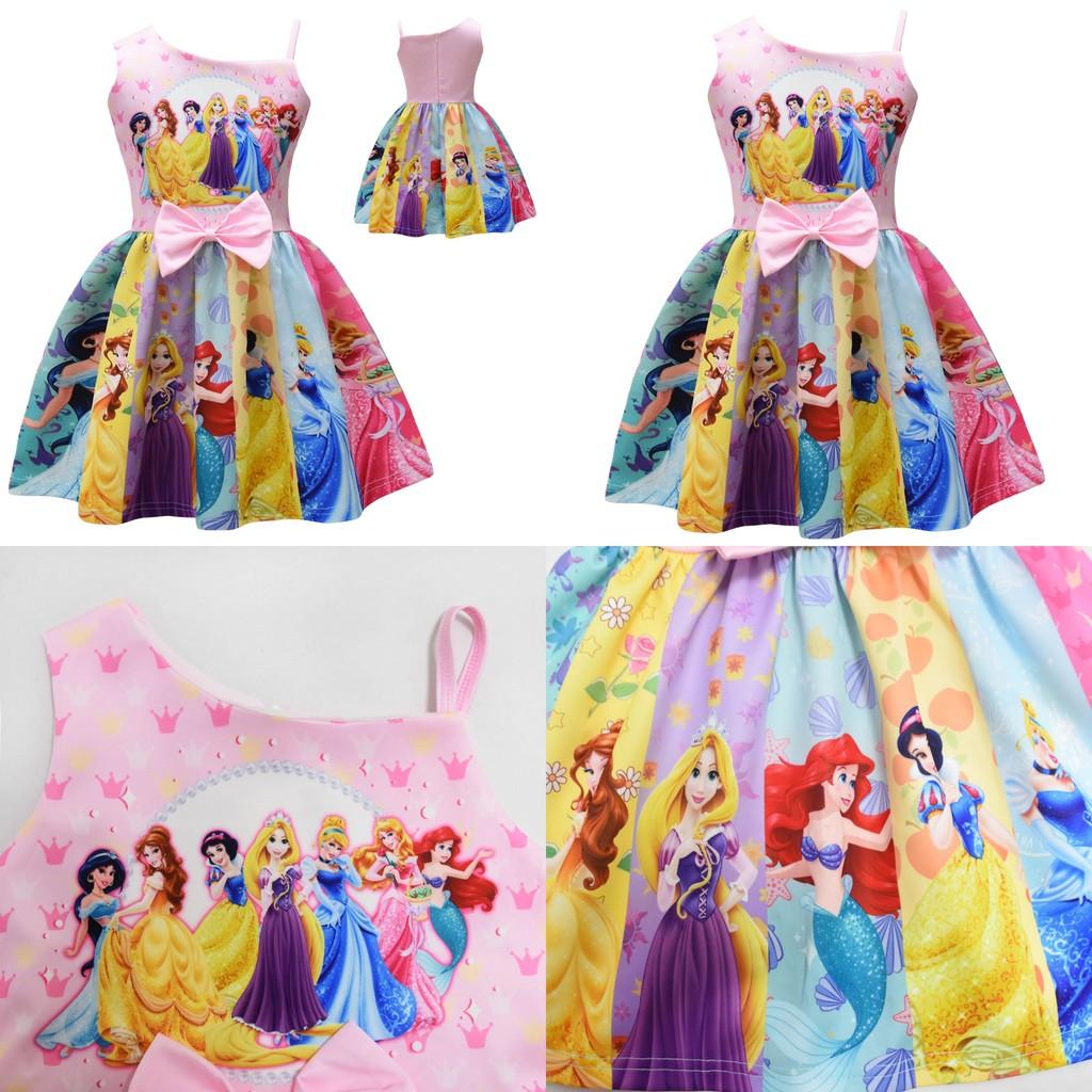 Vestito Bambina Principesse Disney Con Fiocco Misto Cotone Per Primavera Estate Età Da 3 A 8 Anni