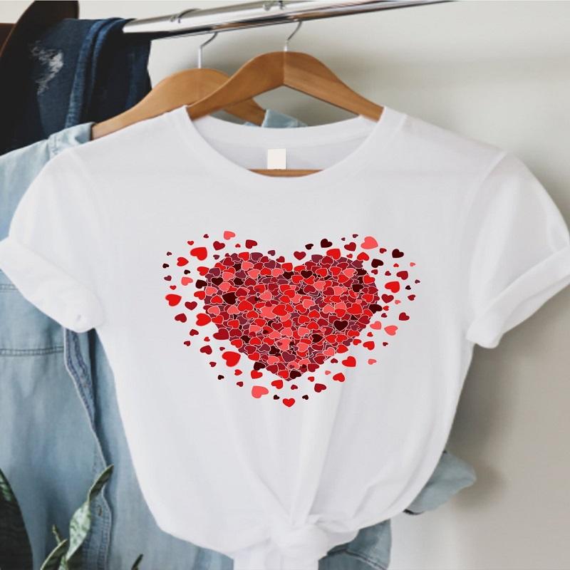 Blue Heart-Shaped Trendy Style Women's T-shirt Funny Cartoon Short-Sleeved Graphic T-Shirt Fashion Print for Casual Wear