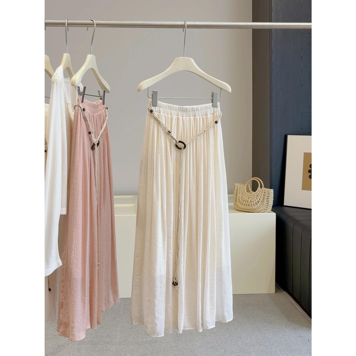Women s High Waist A-Line Midi Skirt Elastic Waist Solid Color Flowy Long Skirt one size