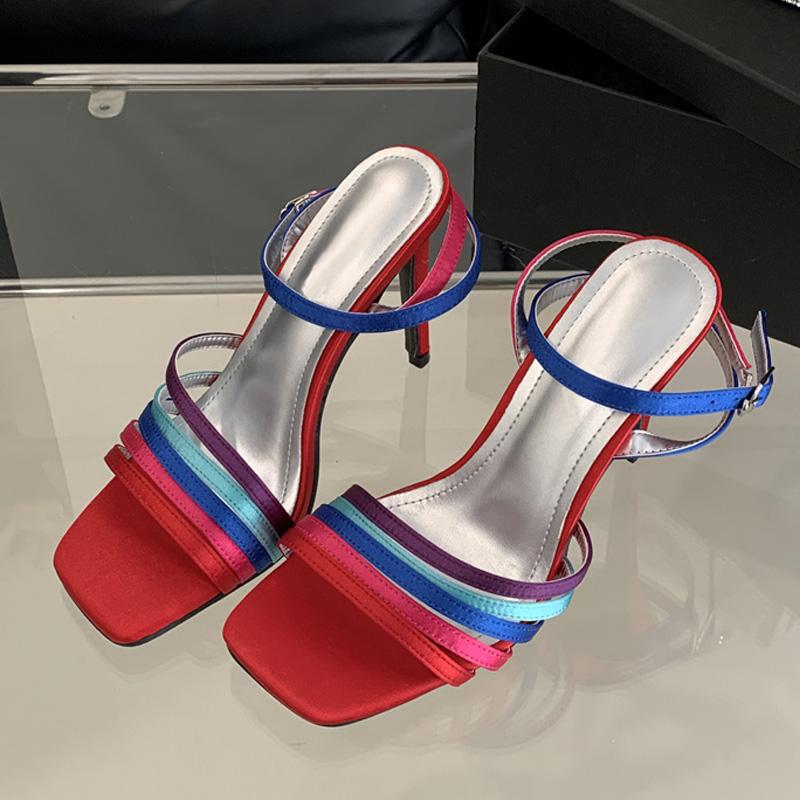 

Fashion Liyke Rainbow Color Silk Narrow Band Gladiator Sandals Women Summer Street Sexy Square Toe Thin High Heels Banquet Party Shoes 35 красный